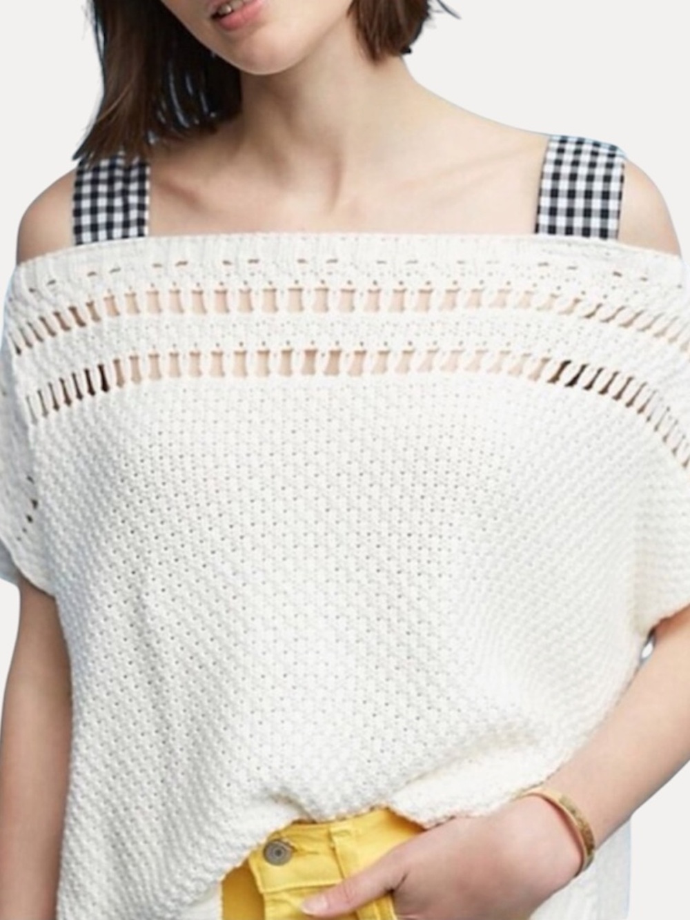 Anthropologie Maeve Knit Off The Shoulder Gingham Ribbon Tie Top Size S